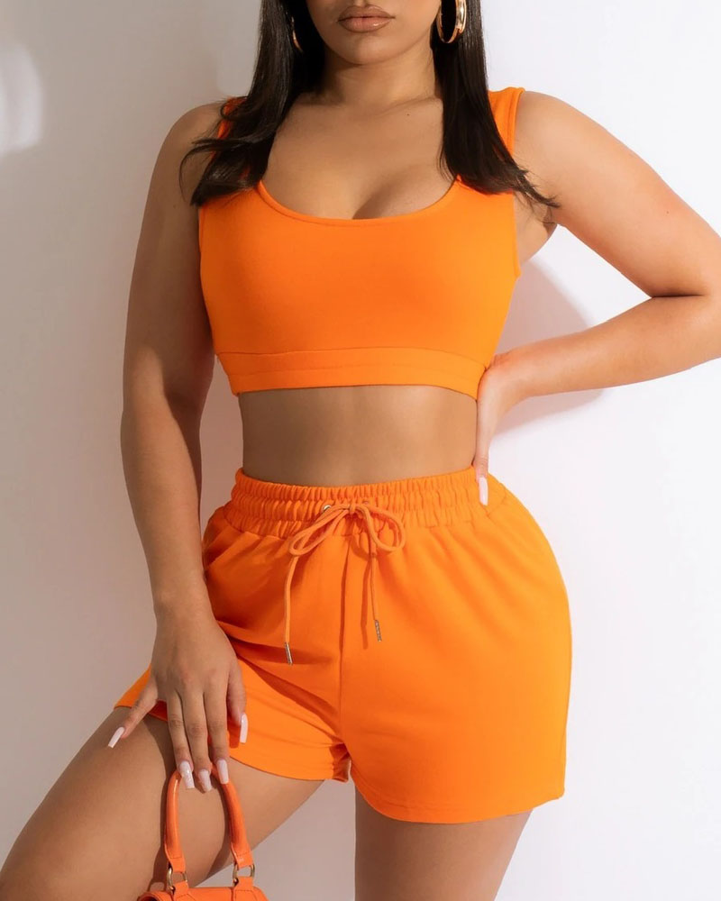 

U-Neck Crop Tank Top & Drawstring Shorts Set, Orange