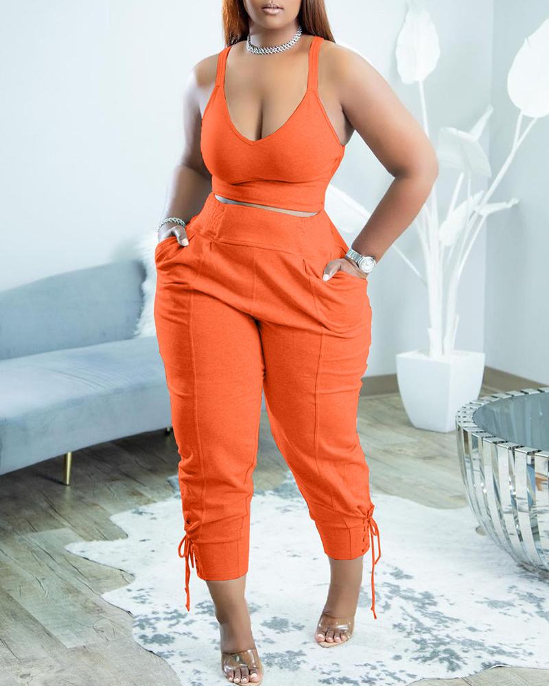 

Thin Strap Crop Top & Eyelet Lace-up Pants Set, Orange