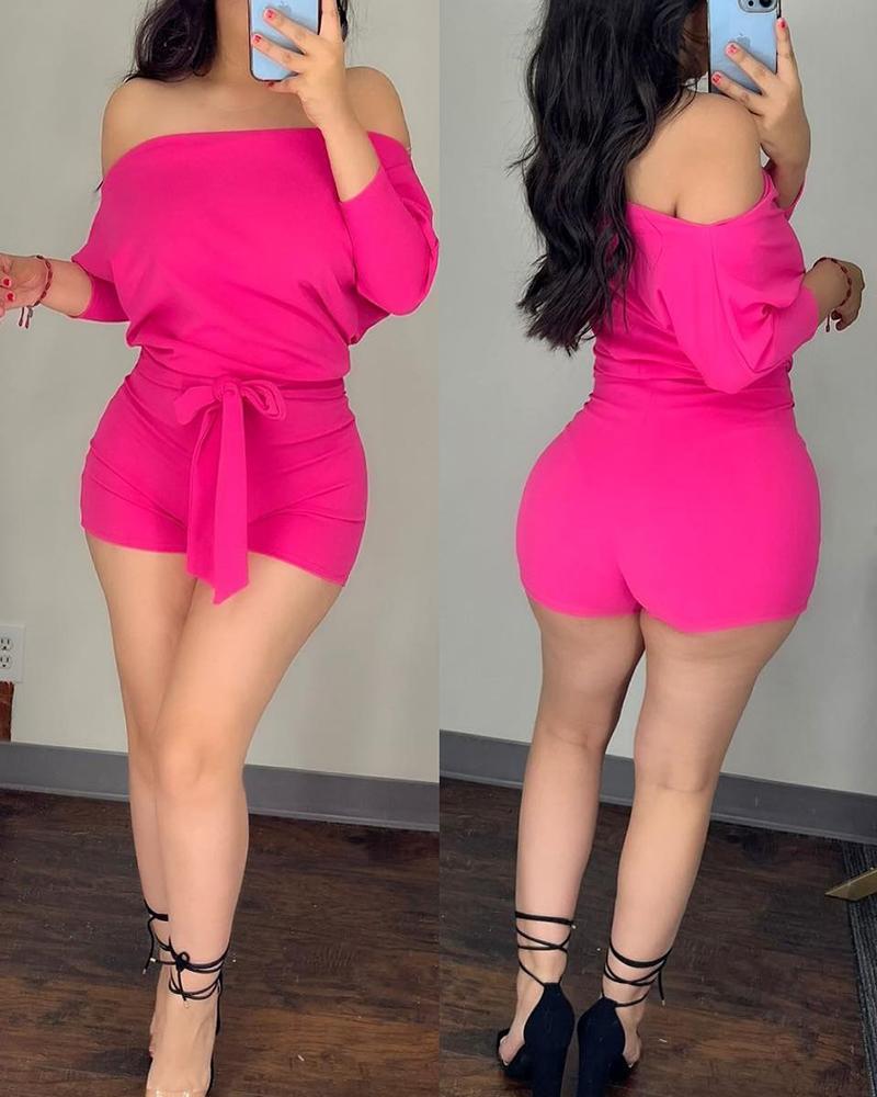 

Plus Size Batwing Sleeve Off Shoulder Tied Detail Romper, Hot pink