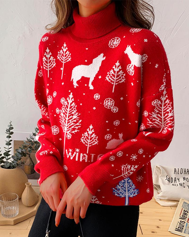 

Christmas Print High Neck Casual Sweater, Red