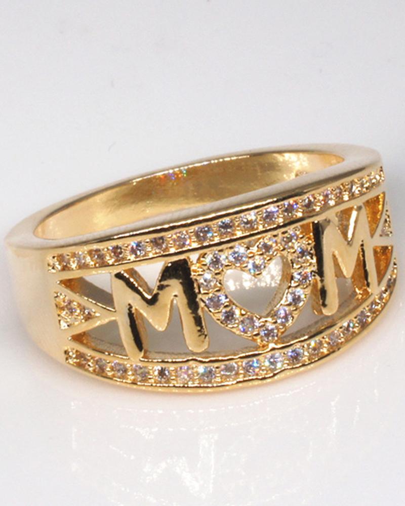 

1pc Mother's Day Gift Rhinestone Hollow Out Mom Letter Ring, Gold