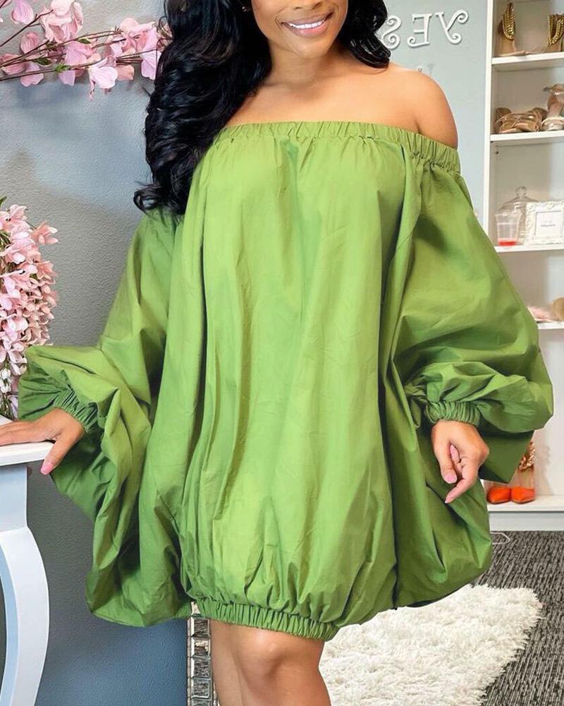 

Off Shoulder Lantern Sleeve Casual Dress, Green