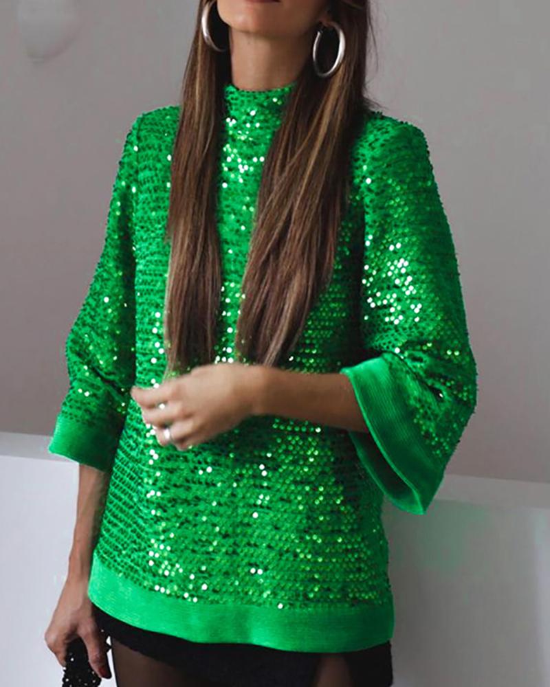 

O Neck Allover Sequins Top, Green