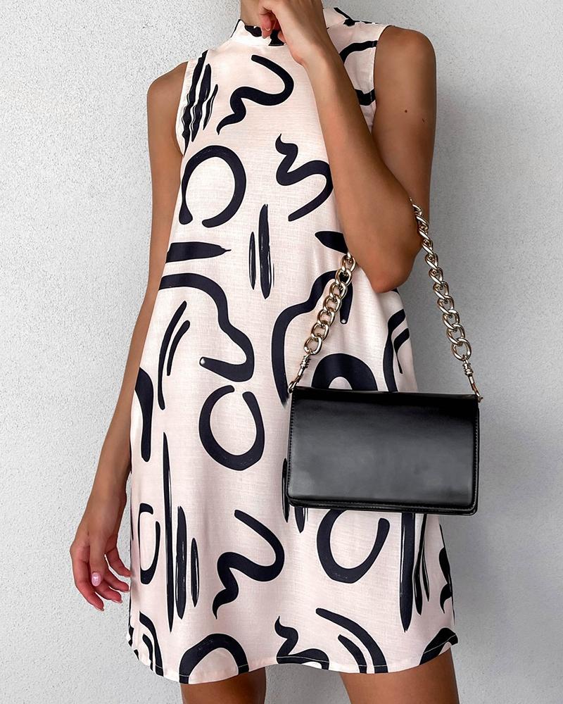 

Abstract Print Stand Collar Casual Dress, Beige