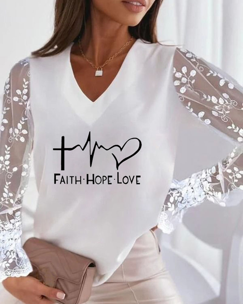 

Letter Heart Print Contrast Lace Long Sleeve Top, White