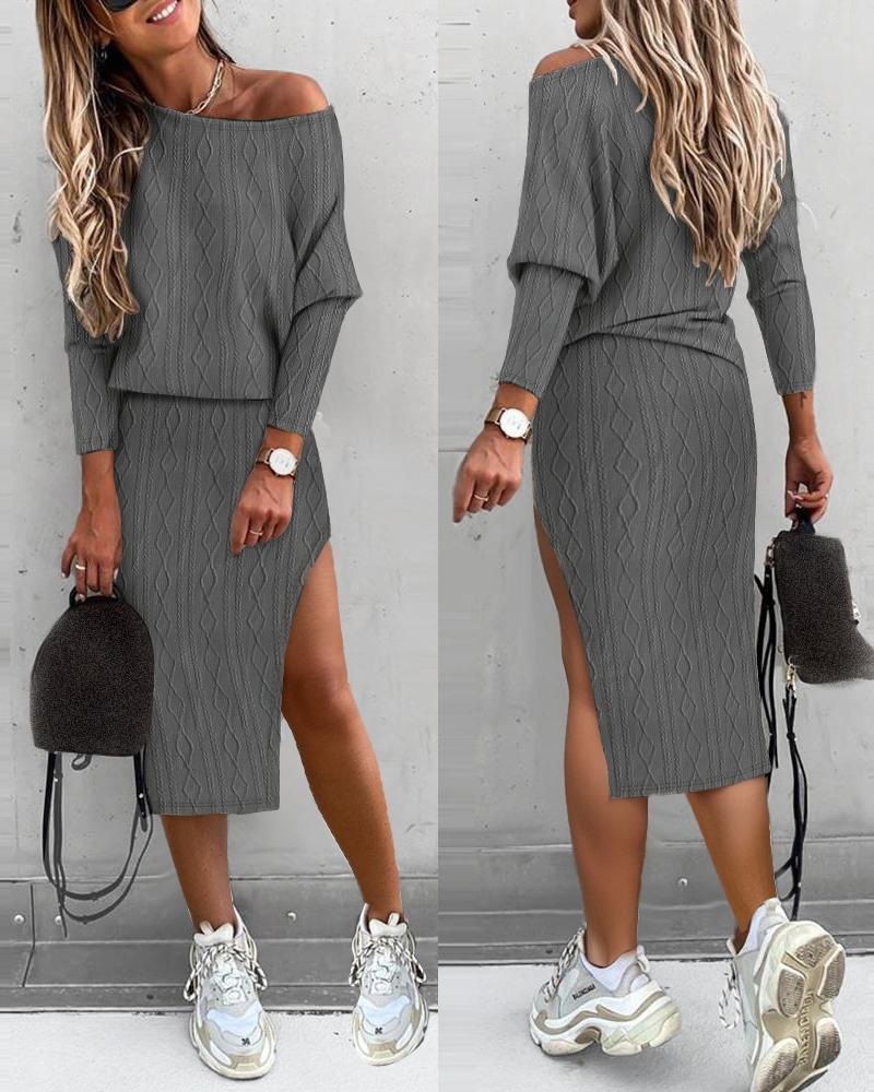 

Skew Neck Cable Textured Top & Slit Skirt Set, Gray