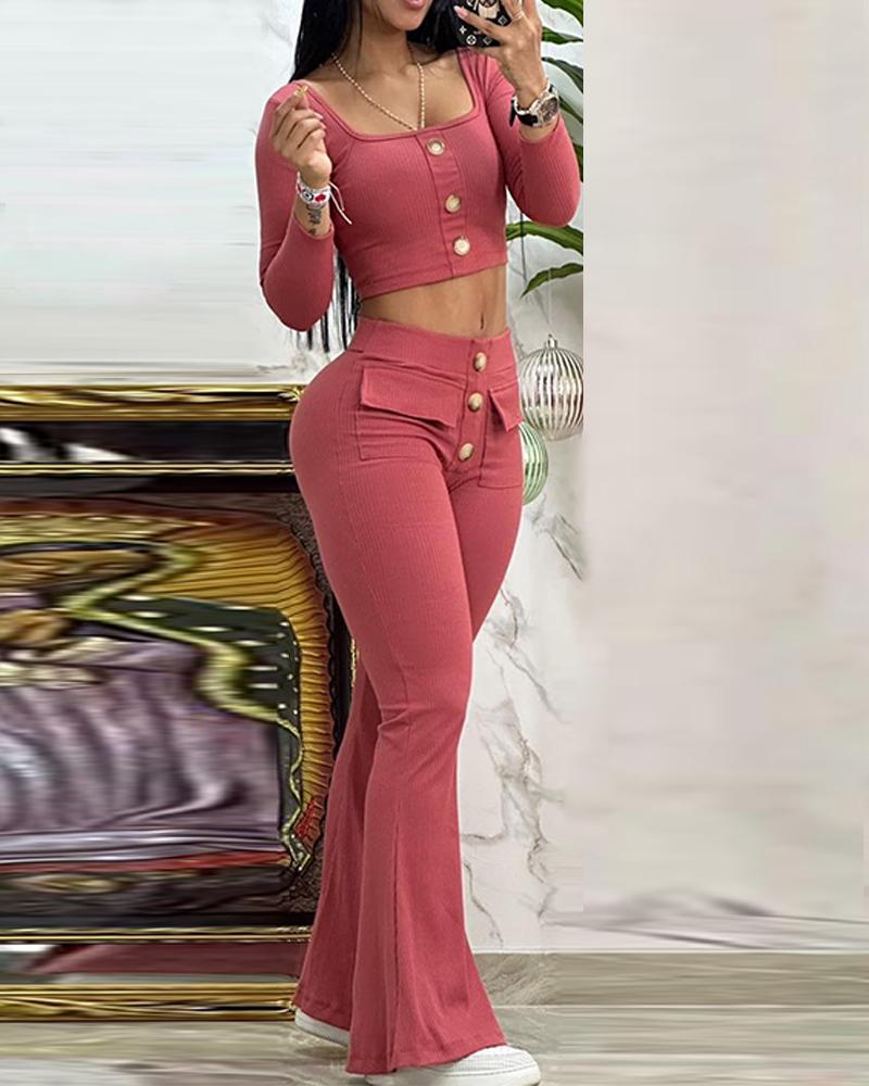 

Square Neck Buttoned Top & Pocket Design Flared Pants Set, Red