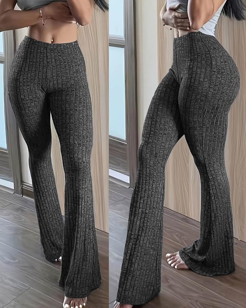 

Pantalon évasé taille haute côtelé élastique coupe slim pantalon décontracté sportif, Dark grey