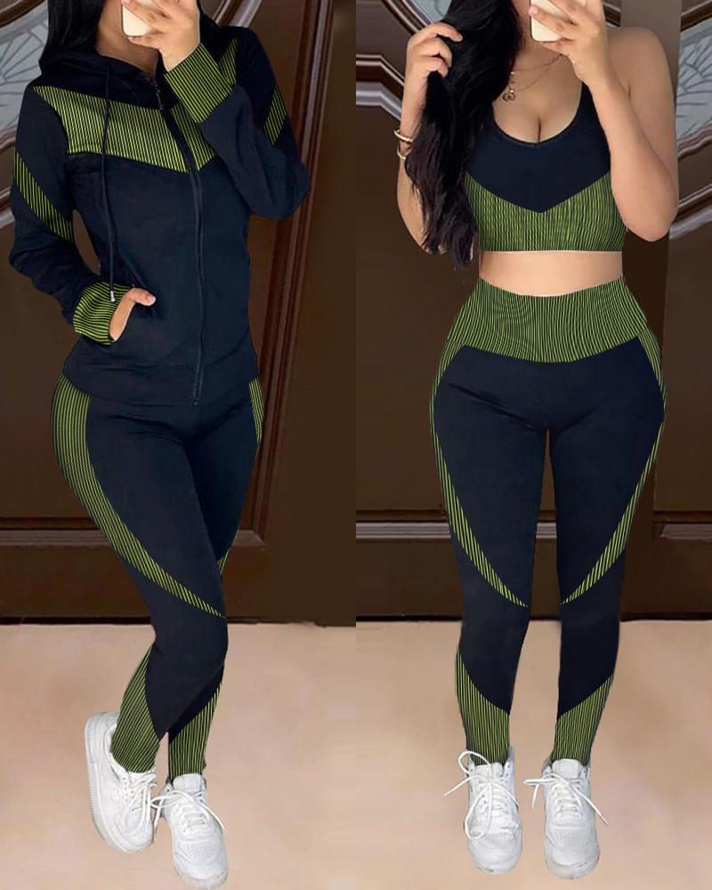 

Colorblock Crop Top & High Waist Pants & Hooded Coat Set, Green