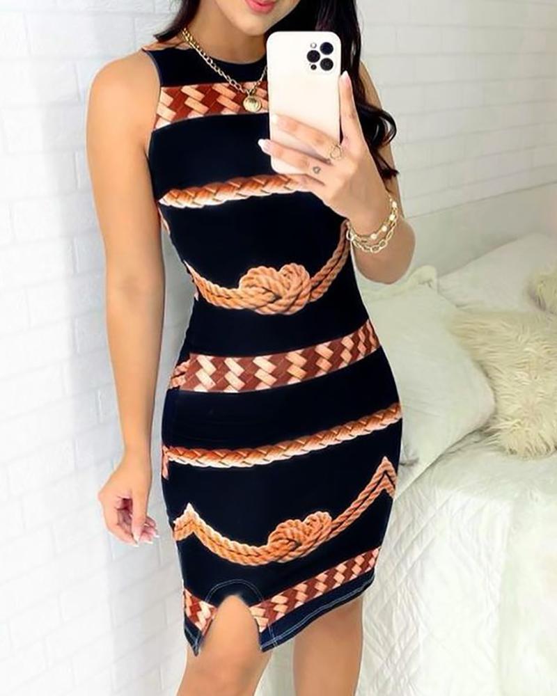 

Rope Print Slit Sleeveless Casual Dress, Black
