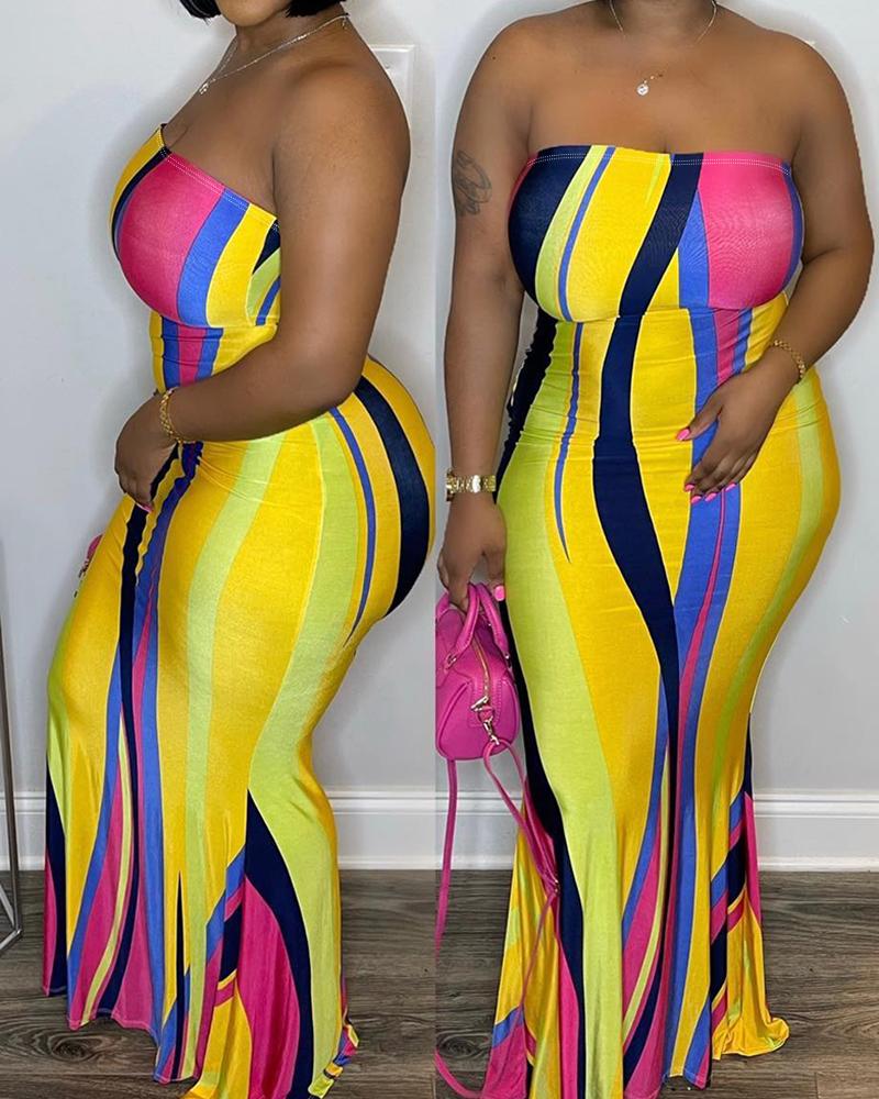 

Plus Size Striped Bandeau Mermaid Maxi Dress, Yellow