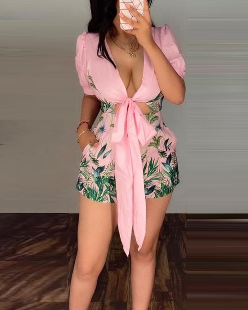 

All Over Print Short Sleeve Cut-out Lace-up Rompers, Pink