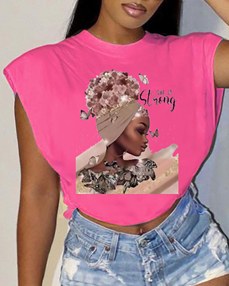 

O-Neck Figure Print T-shirt, Hot pink