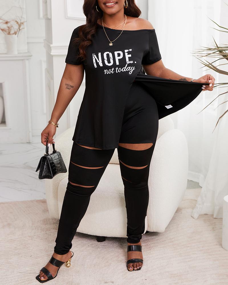 

Plus Size Nope Not Today Print Split Hem Top & Ladder Cutout Pants Set, Black