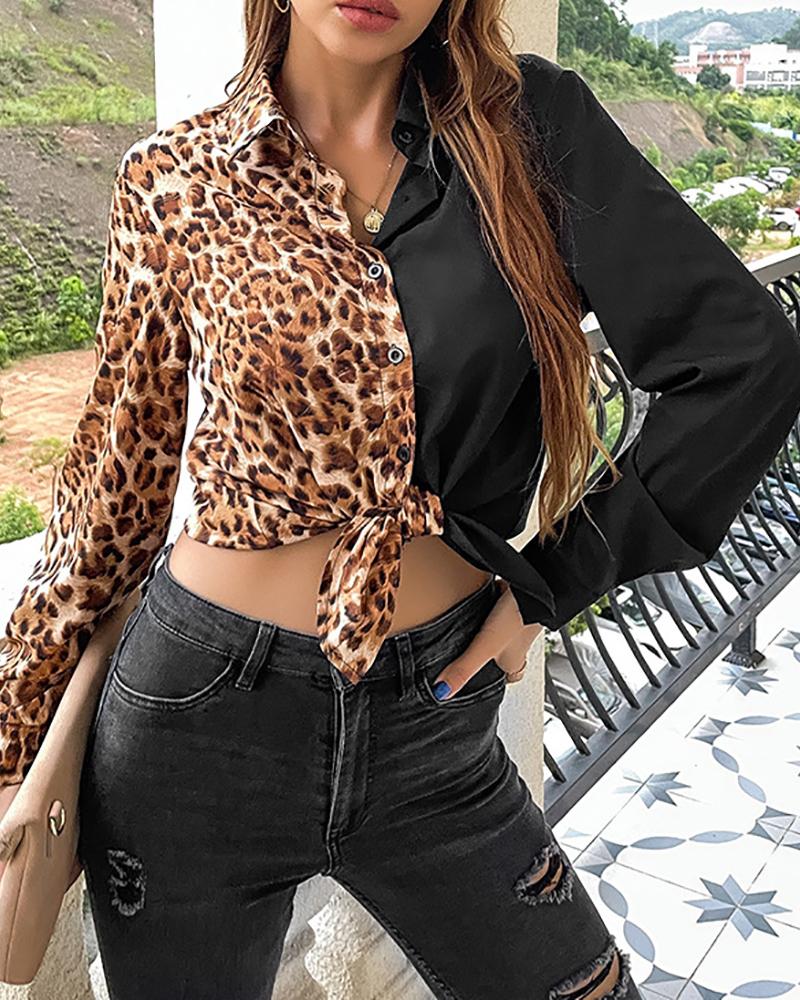 

Cheetah Print Colorblock Button Design Top, Black