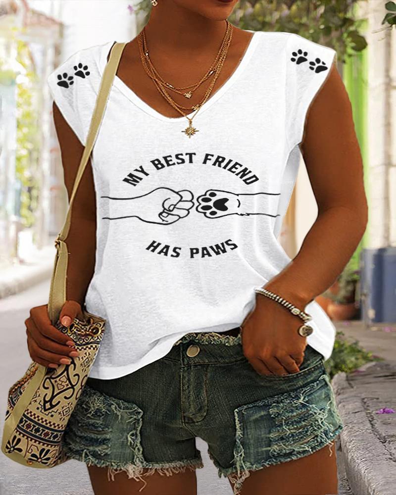 

Plus Size Slogan Puppy Claw Print Cap Sleeve Top, White