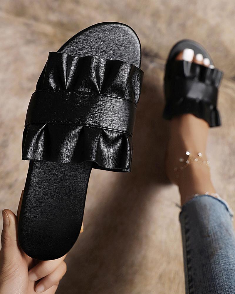 

Round-toe Solid Color Pleated Strap Flat Slippers, Black