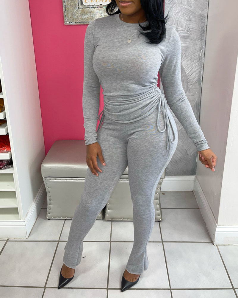 

Long Sleeve Drawstring Ruched Top & Bootcut Pants Set, Gray