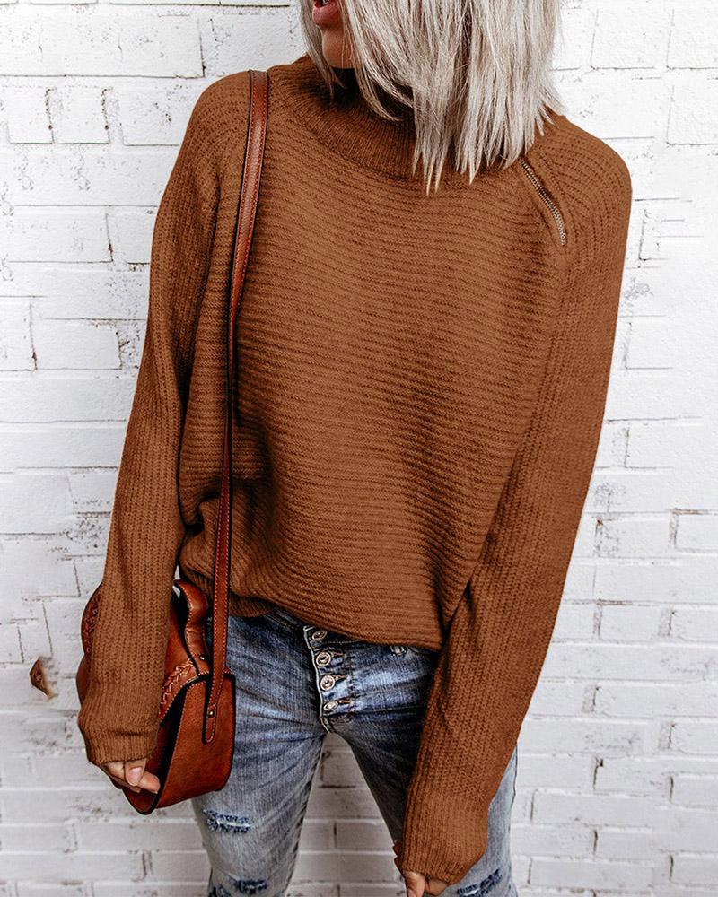 

Zipper Design Long Sleeve High Neck Knit Sweater, Brown