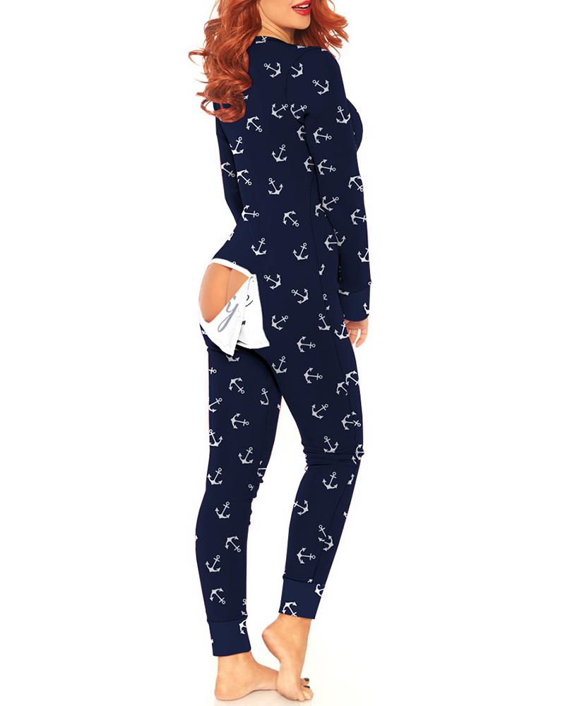 

Boat Anchor Print Functional Buttoned Flap Adults Pajamas, Purplish blue