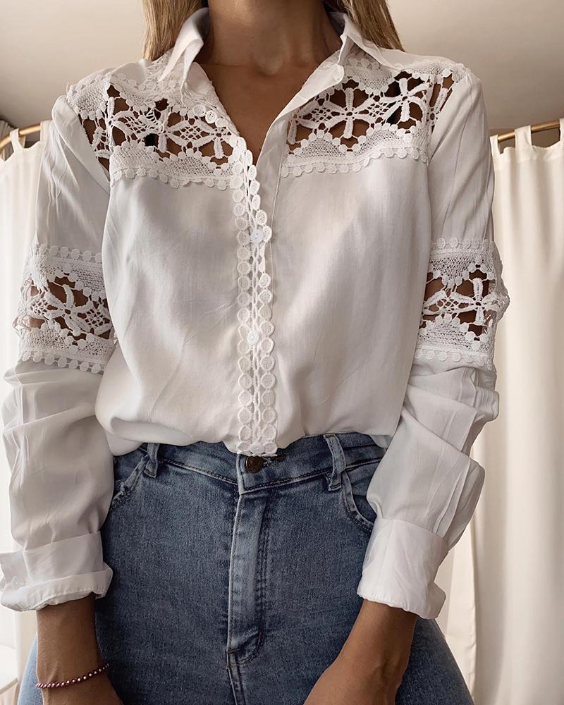 

Lace Patch Button Front Long Sleeve Shirt Top, White