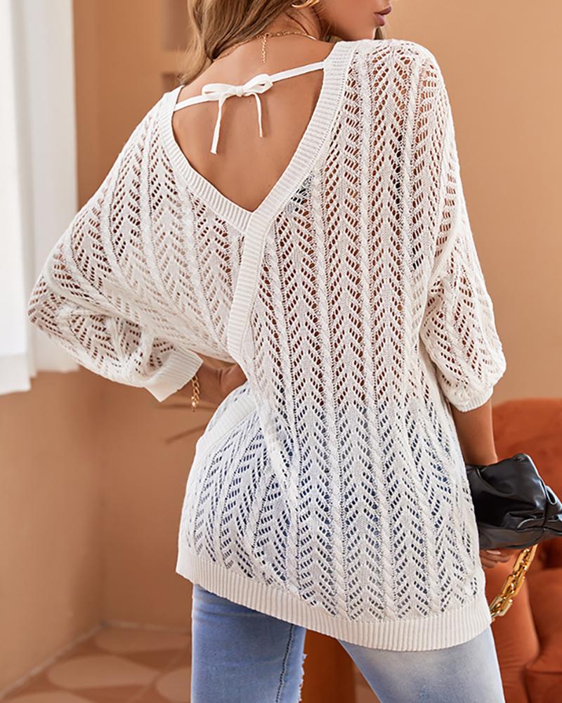 

Plain Open Knit V-Back Sweater, White