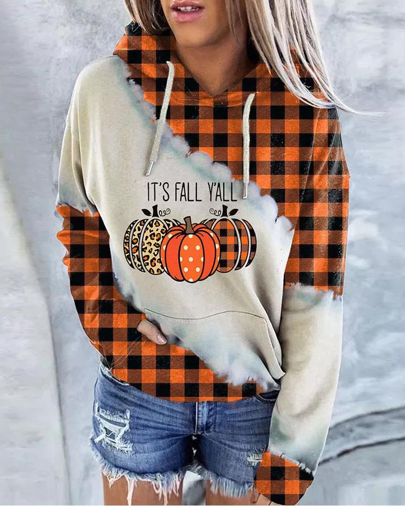 

Halloween Pumpkin Plaid Print Long Sleeve Hoodie, Orange