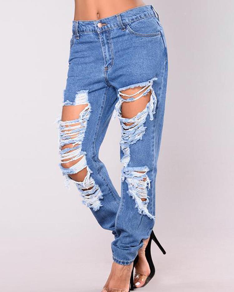 

Destroyed Ripped Holes Boyfriend Denim Jeans, Blue