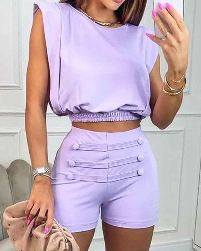 

Shoulder Pad Crop Top & Shorts Set, Purple