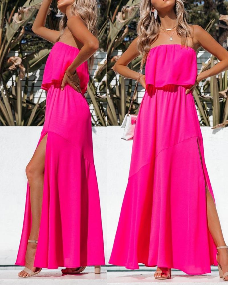 

High Slit Bandeau Ruffles Maxi Dress, Hot pink