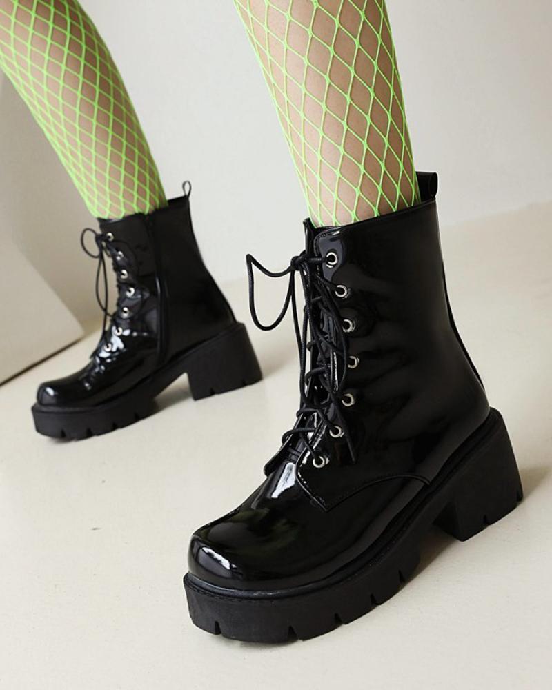 

Womens Square Toe Shiny Finish Lace-up Platform Martin Boots, Black