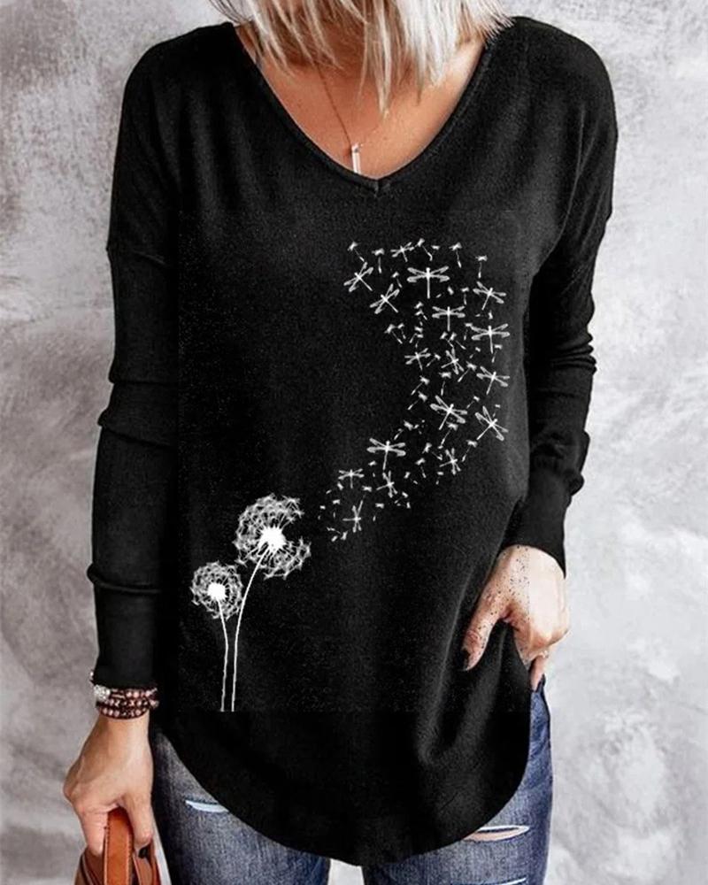 

Dandelion Print V-Neck Long Sleeve T-shirt, Black