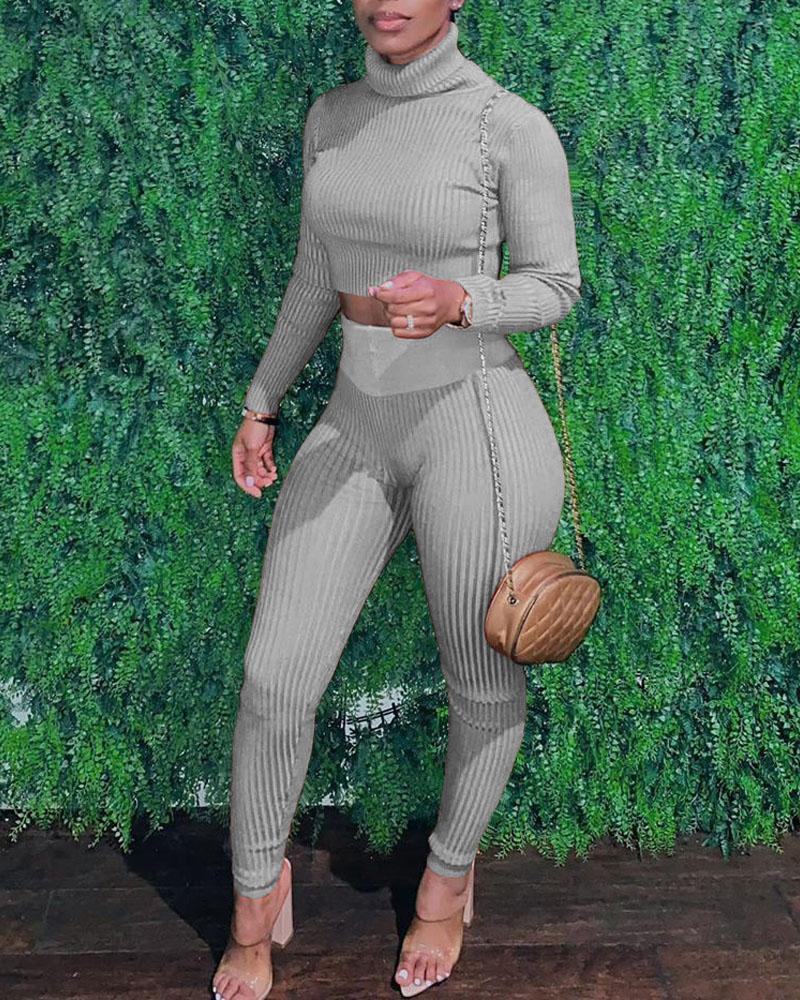 

Long Sleeve Turtleneck Crop Knit Top & Pants Set, Gray