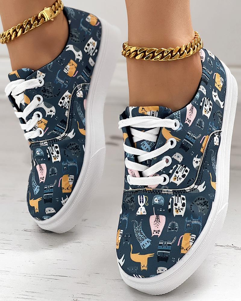 

Cartoon Cat Print Lace-up Sneakers, Purplish blue