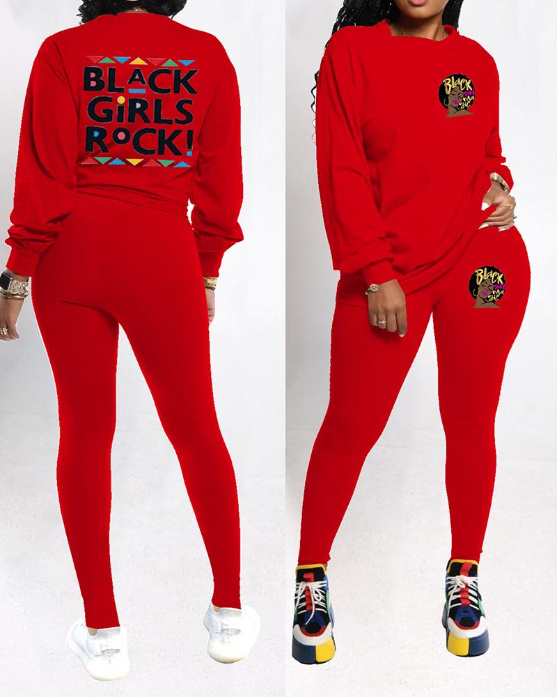 

Letter Print Long Sleeve Top & Pants Set, Red