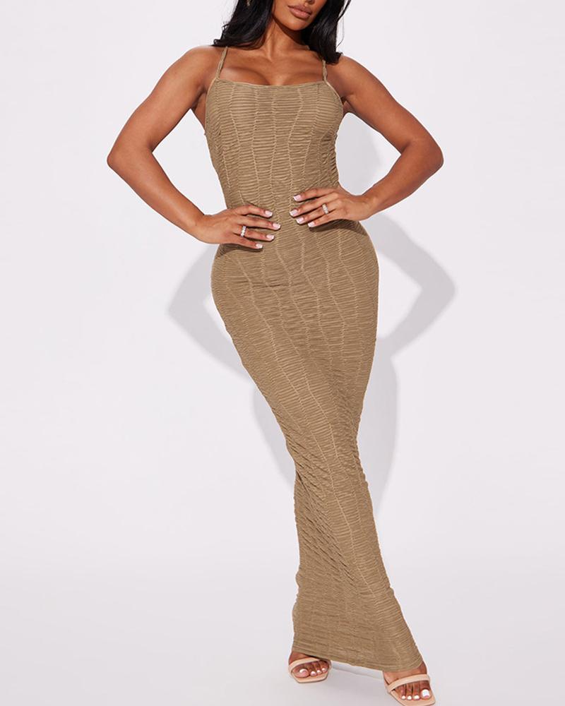 

U-Neck Textured Spaghetti Strap Maxi Dress, Khaki
