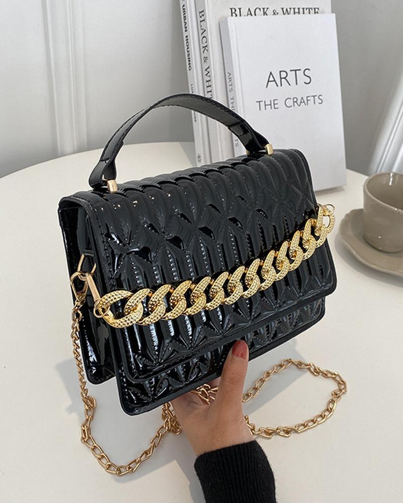 

Quilted Chain Strap Flap Shoulder Bag With Handle, Black