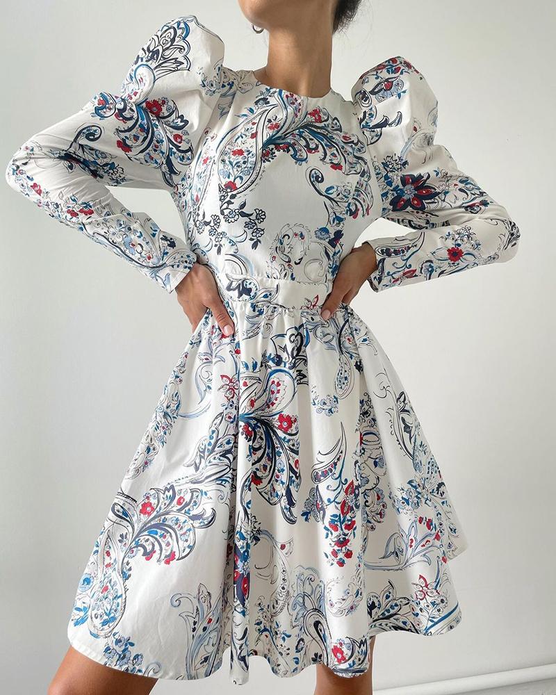 

Puff Long Sleeve Floral Print Dress, White