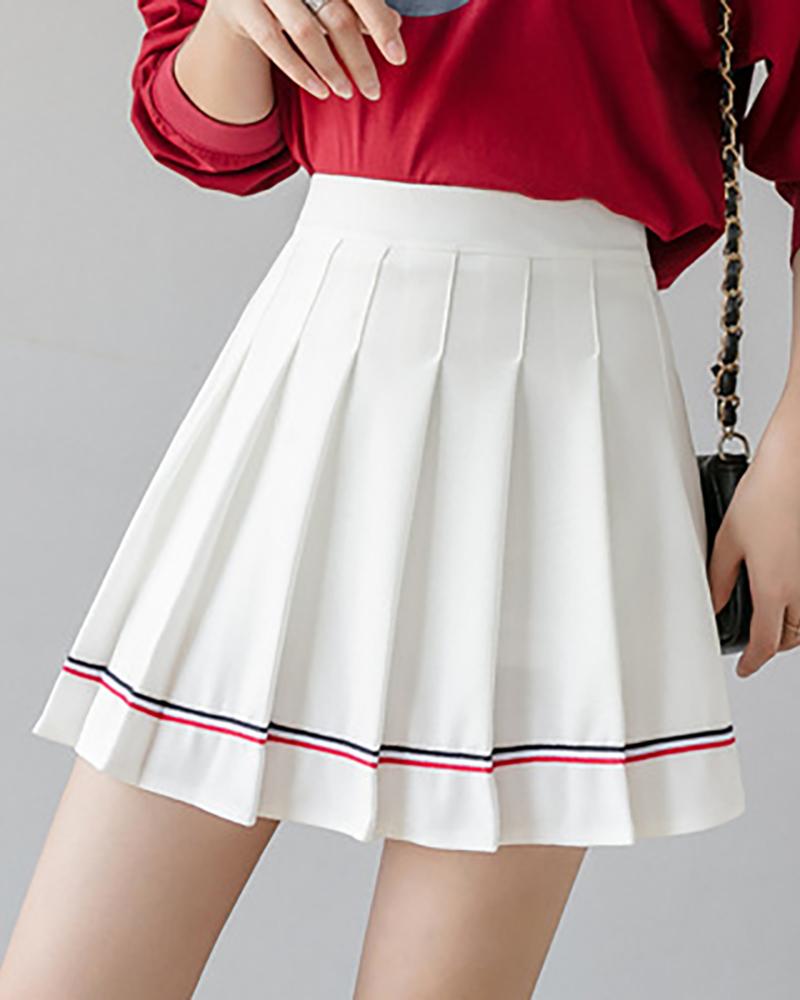 

Striped High Waist Pleated Skirt, White