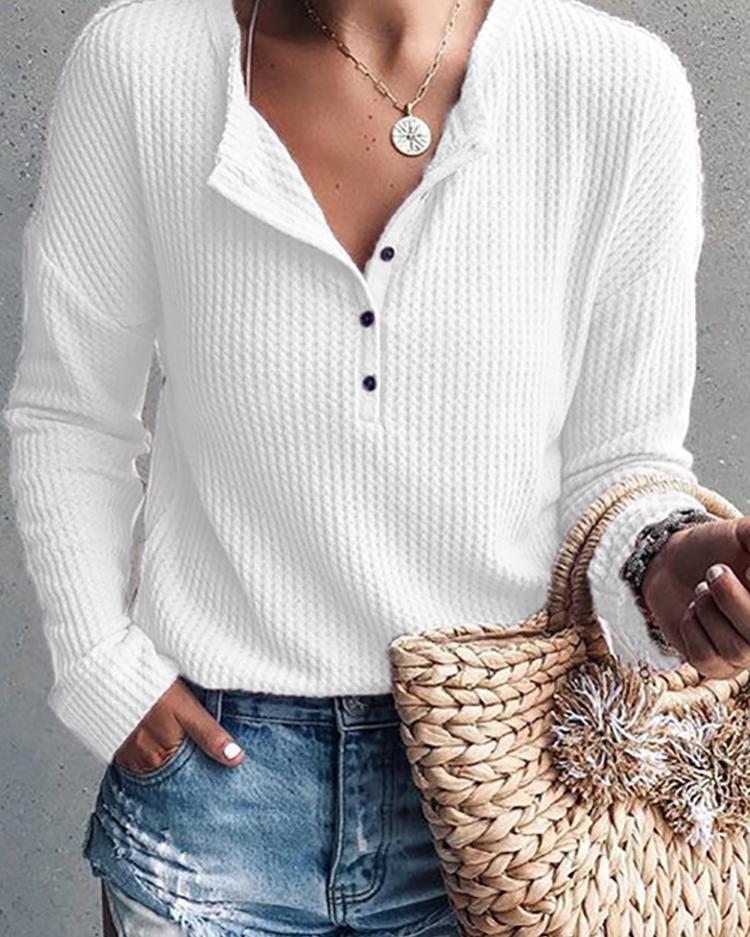 

Solid Button Design Casual Women Top, White