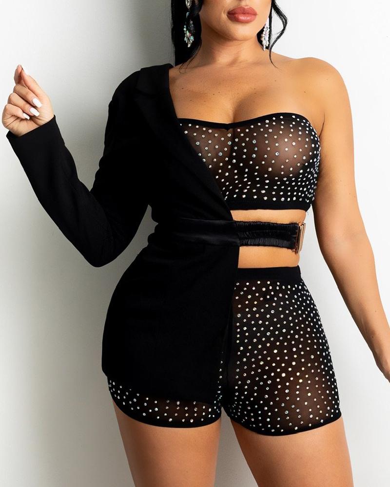 

Studded Sheer Mesh Bandeau Top & Shorts Set With Asymmetrical Coat, Black