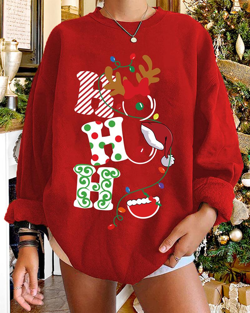 

Christmas Graphic Letter Print O-neck Sweatshirt, Red