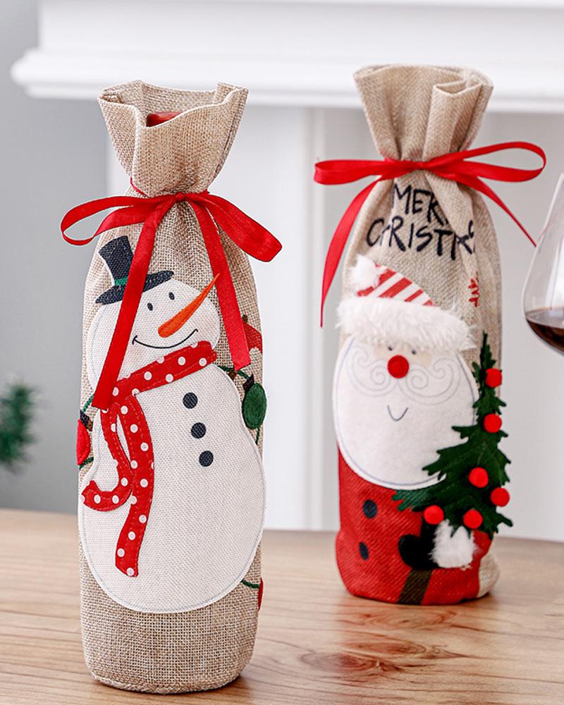 1pc Christmas Burlap Wine Bag Santa Claus Snowman Drawstring Wine Bottle Cover Holiday Christmas Decoration Ornament Party Supplies