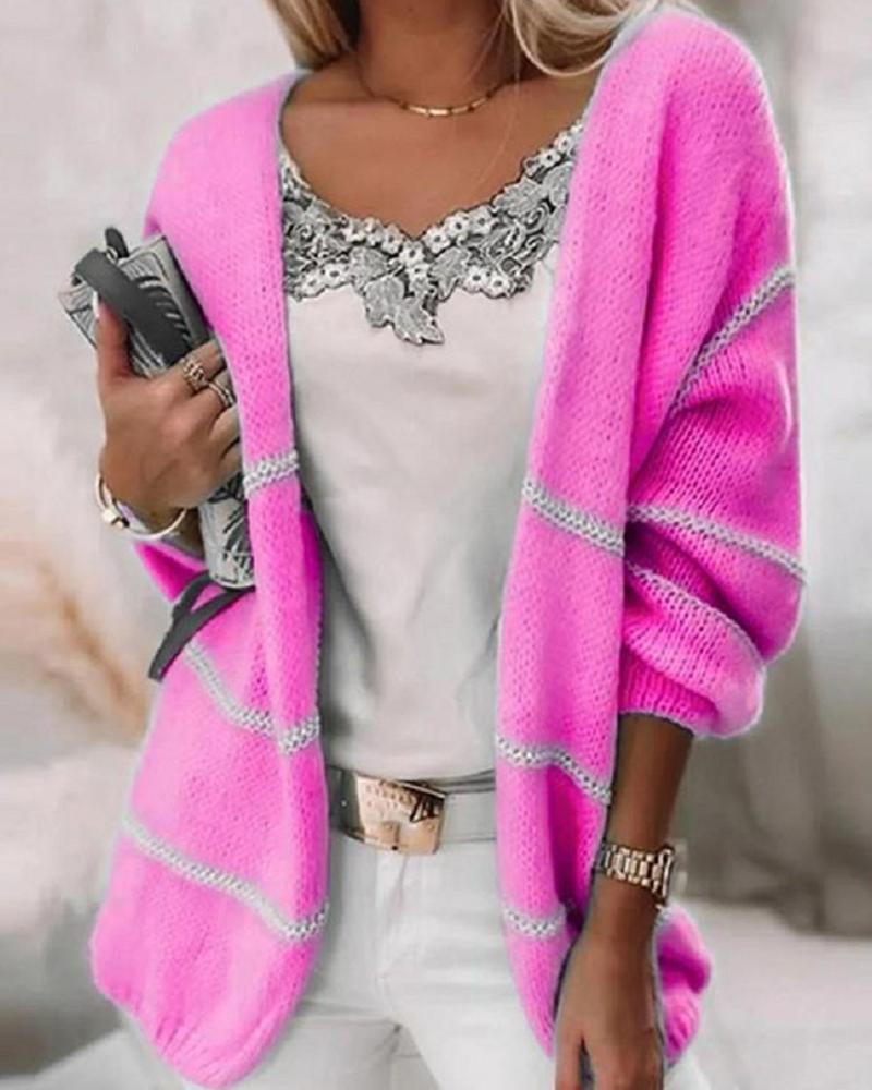 

Contrast Paneled Long Sleeve Cardigan, Hot pink