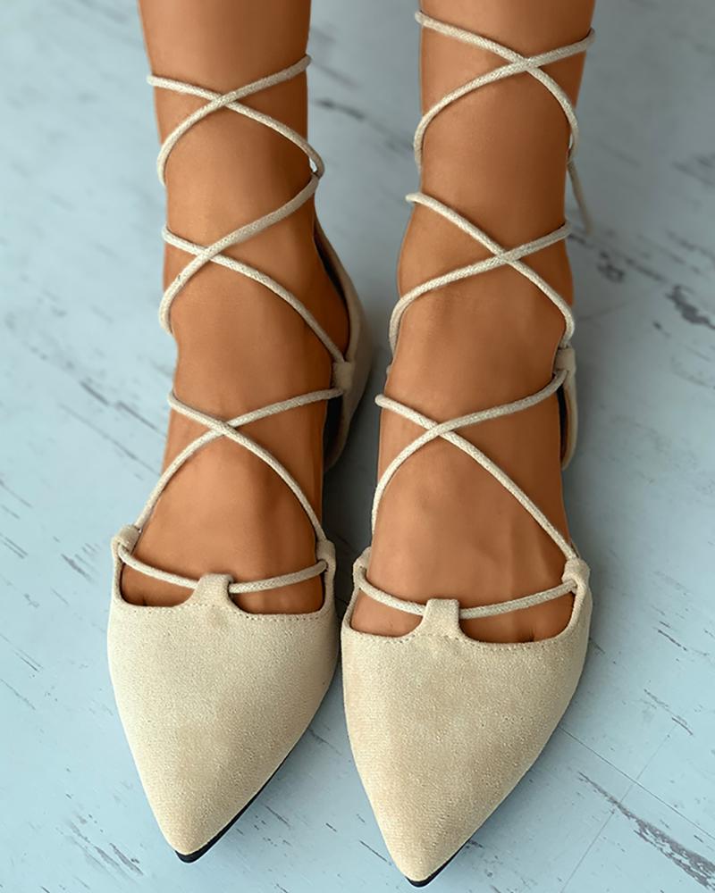 

Pointed Toe Suede Strappy Slip-On Flats, Apricot