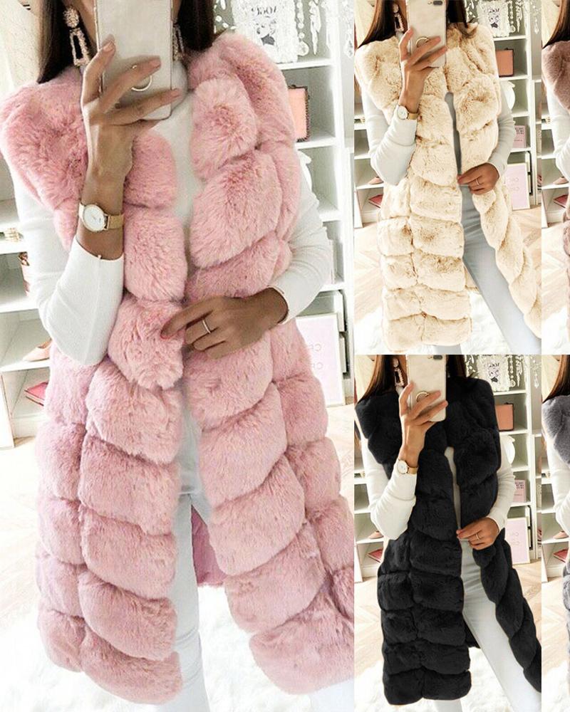 

Sleeveless Open Front Faux Fur Vest Coat, Pink