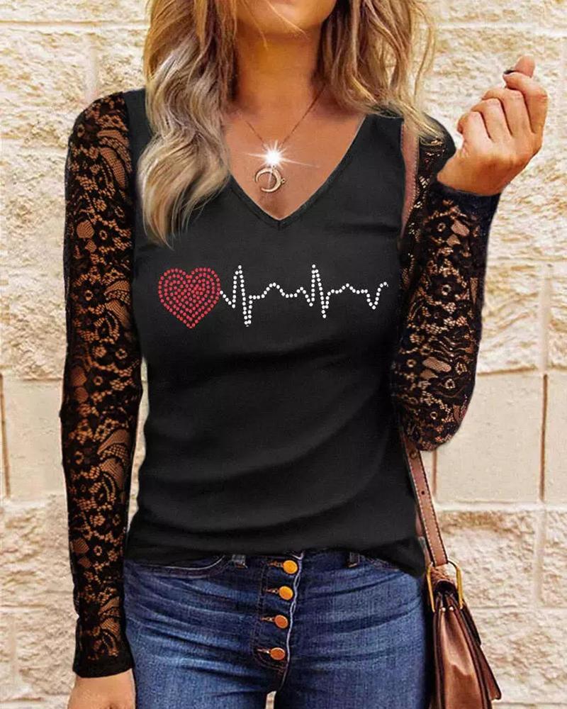 

Valentine' Day Rhinestone Heart Pattern Lace Patch Top, Black