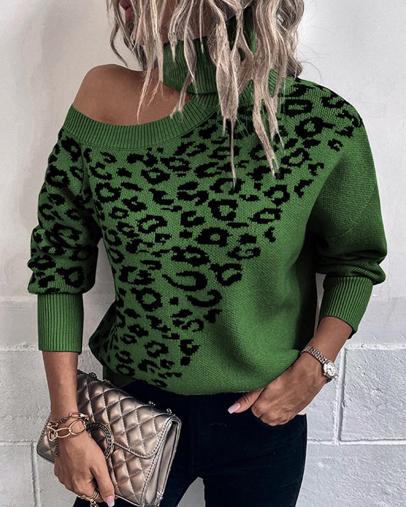 

Leopard Pattern Cold Shoulder Sweater, Green