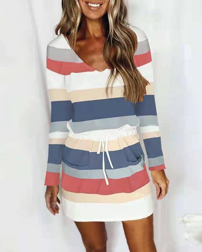 

Colorblock Striped Drawstring Pocket Design Dress, Blue