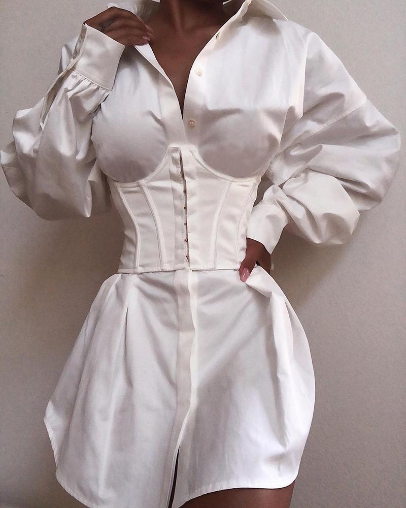 

Solid Long Sleeve Tight Waist Buttoned Shirt Dress, White